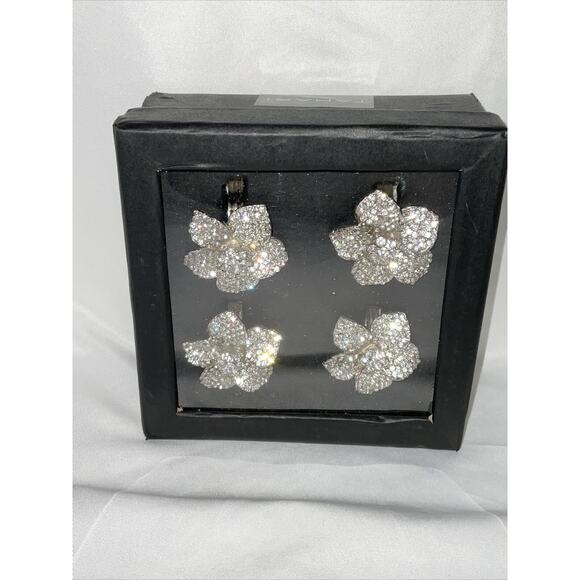 NEW TAHARI HOME RHINESTONE NAPKIN RING SET FLOWER Crystal Silver Jeweled - Picture 1 of 6